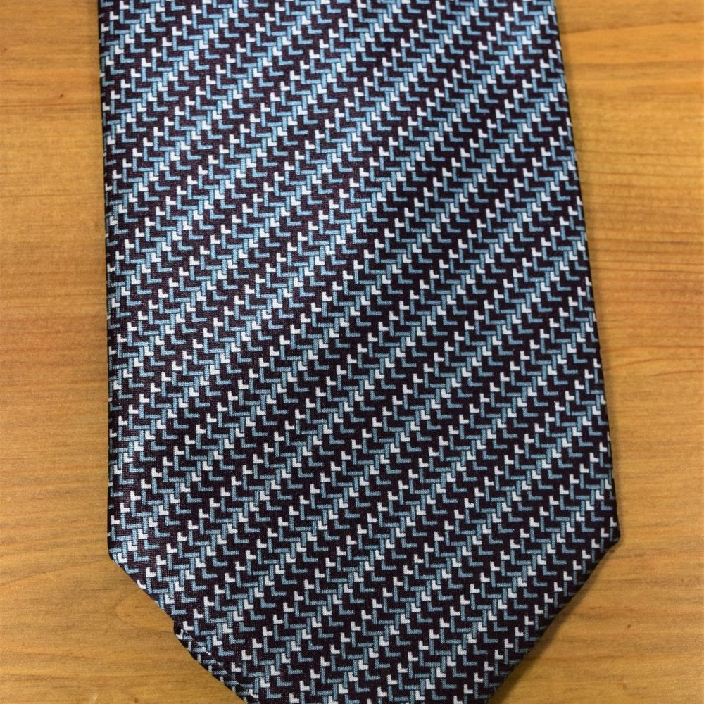 New BRIONI Blue Aqua Geometric Italy Woven Silk Neck Tie handmade in Italy $440 - Picture 5 of 13